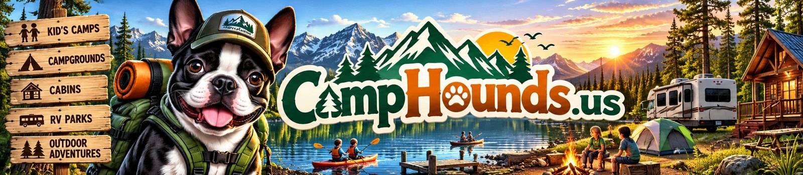 CampHounds: a Boston Terrier camper in a cap and backpack beside a mountain lake with kayaks, a campfire, a tent, an RV and a cabin